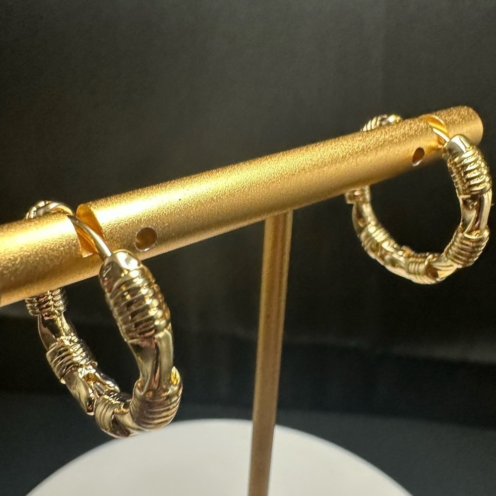 Gold Hoop Earrings – Lightweight Chunky Bamboo Style | Hypoallergenic Brass - Picture 7 of 11